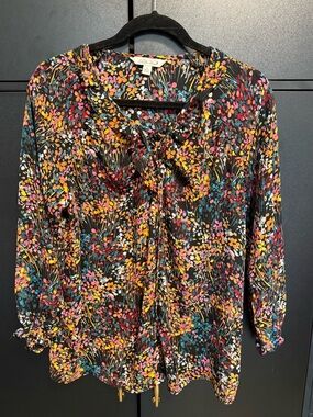 The Pioneer Woman Black Floral Tie-Neck Blouse